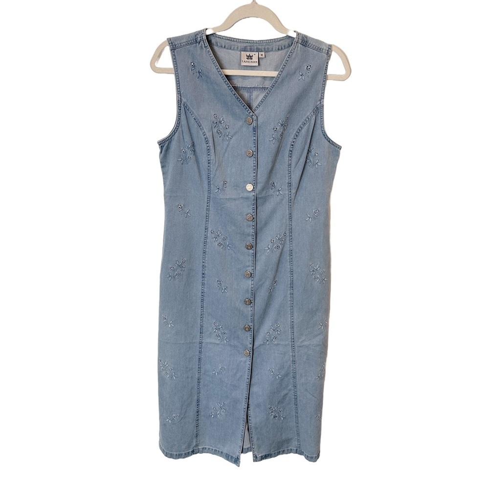 Vintage Denim Floral Embroidered Button-Down Dress Jumper  Cottagecore Cotton